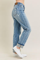 Judy Blue Mid Rise Bleach Splatter Single Cuff & Destroy BF