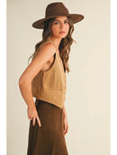 Button Down Suede Vest- Tan