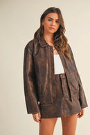 Washed Leather Zip Up Jacket