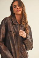 Washed Leather Zip Up Jacket