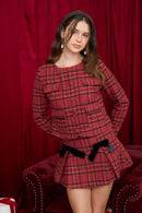 Plaid Pocket Detail Round Neck Button Down Jacket- Burgundy